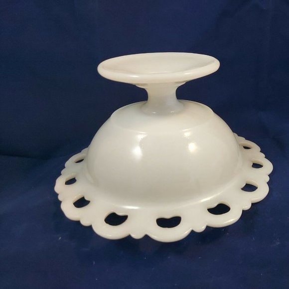 Vintage White Milk Glass Pedestal Footed Candy Dish Compote Bowl Lace Edge - Picture 7 of 7